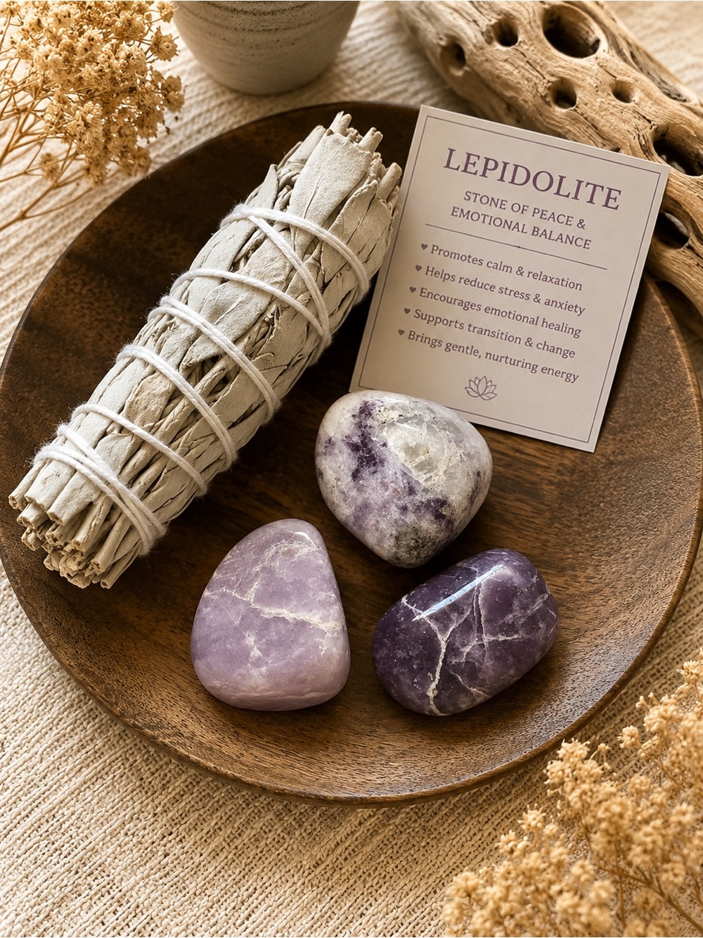 Lepidolite Crystal Bundle & Sage | Stress Relief Self Care Gift- Lavender Purple